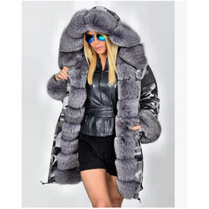 Roiii Coat Women's 3X Camo Camouflage Black Long Parka Jacket Fur Trim NEW